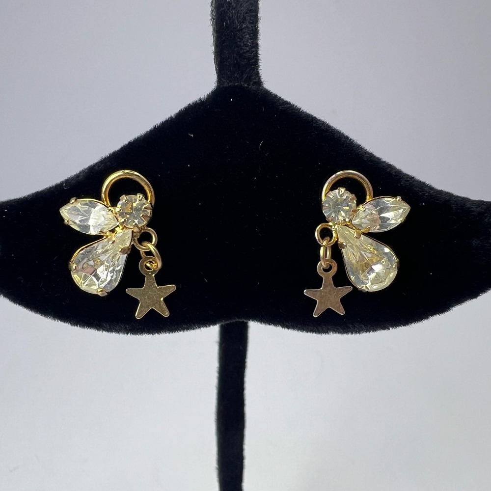 Crystal Angel Earrings Dangle Star Celestial Whimsical Fairy Ethereal Gold Tone